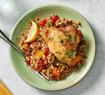 Skillet Chicken with Farro and Caramelized Shallots image