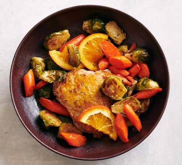 Orange-Rosemary Roasted Chicken Thighs with Brussels Sprouts and Carrots image