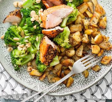 Lemon Pepper Salmon with Broccoli, Potatoes, and Hazelnuts image