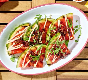 Charred Watermelon with Tahini and Chili Crisp image