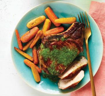 Pork Chops with Tarragon-Mustard Sauce and Roasted Baby Carrots image