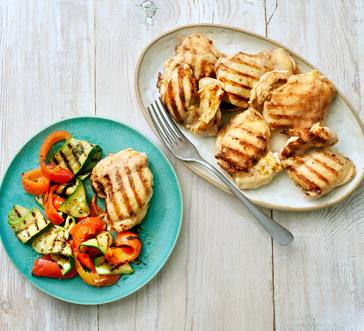 Grilled Pickle-Brined Chicken Thighs with Vegetables image