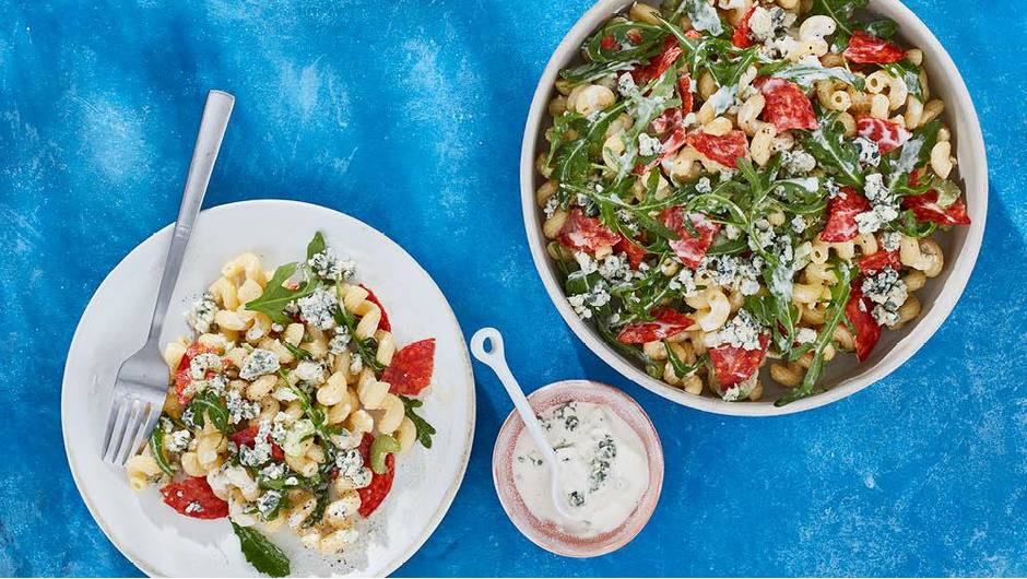 blue cheese dressing pasta salad Creamy Bacon and Blue Cheese Pasta Salad