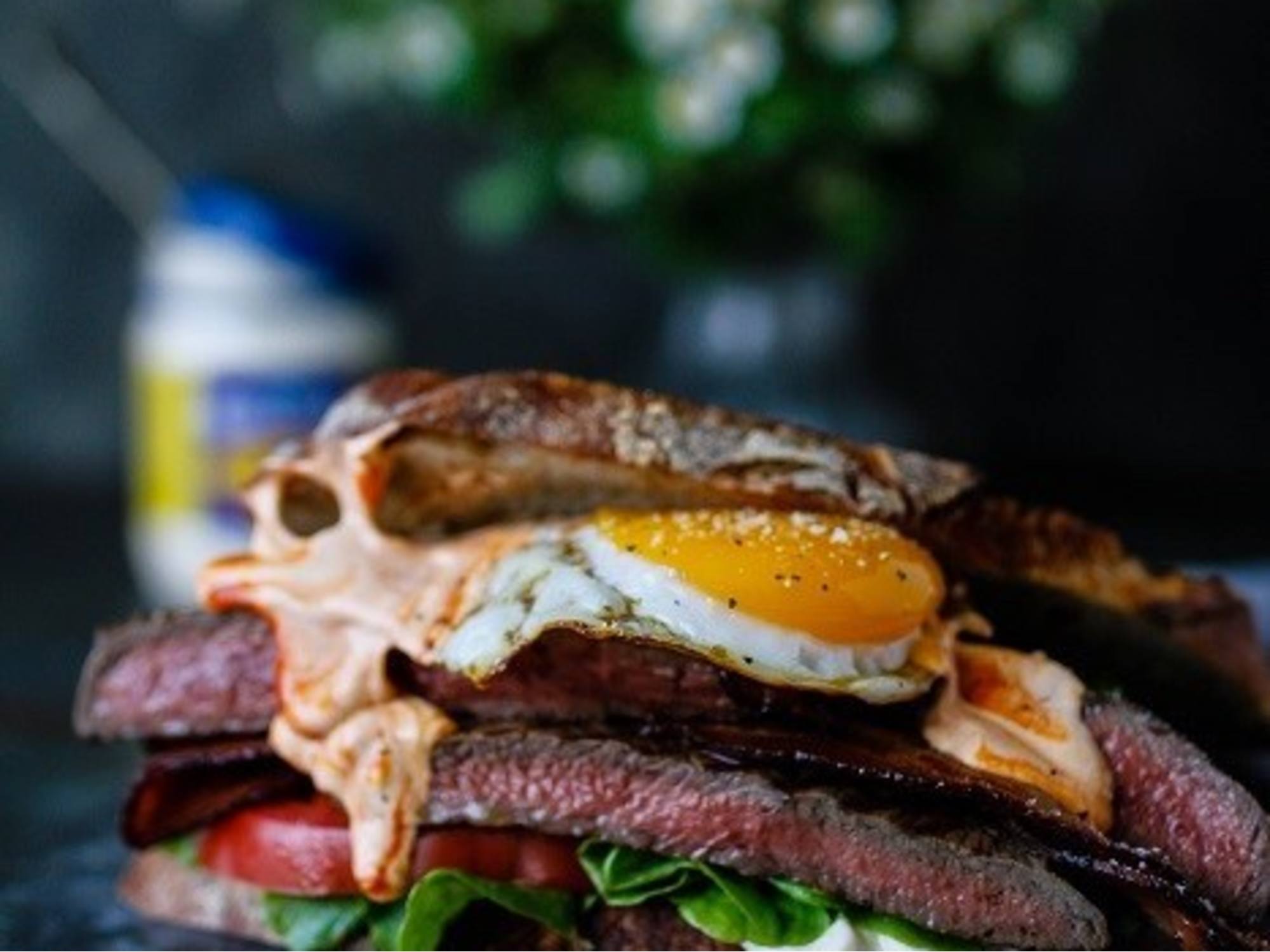 Flat Iron Steak Stack with Bacon and a Sunnyside Egg Best Foods™ New