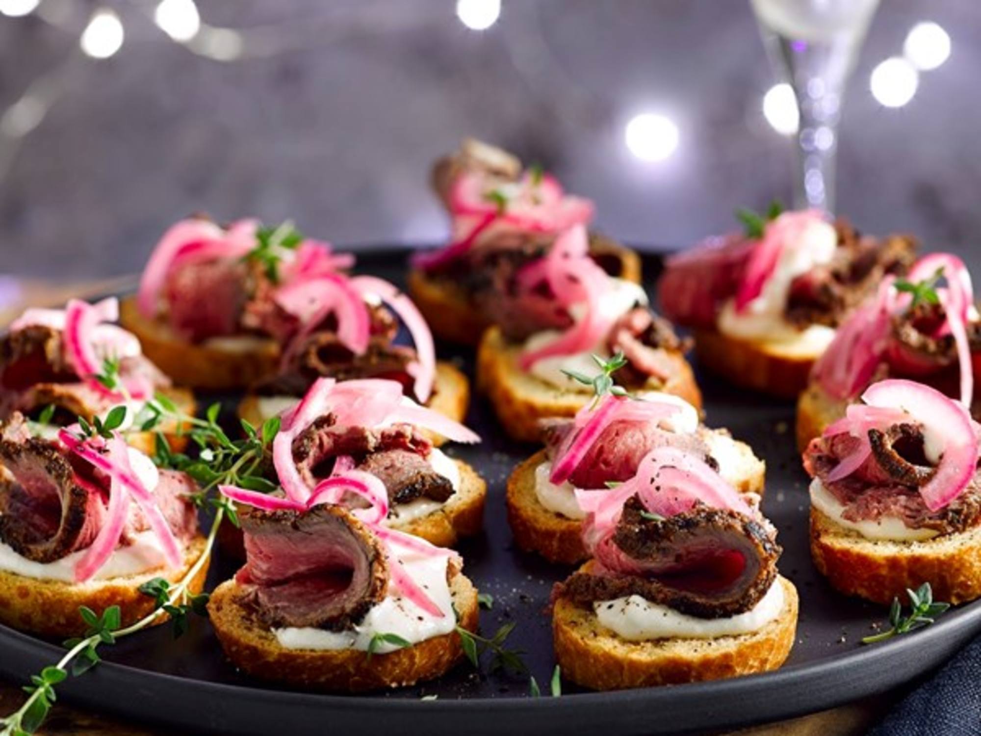 Rare Roasted Beef with Horseradish Mayonnaise & Pretty Pickles Crostini