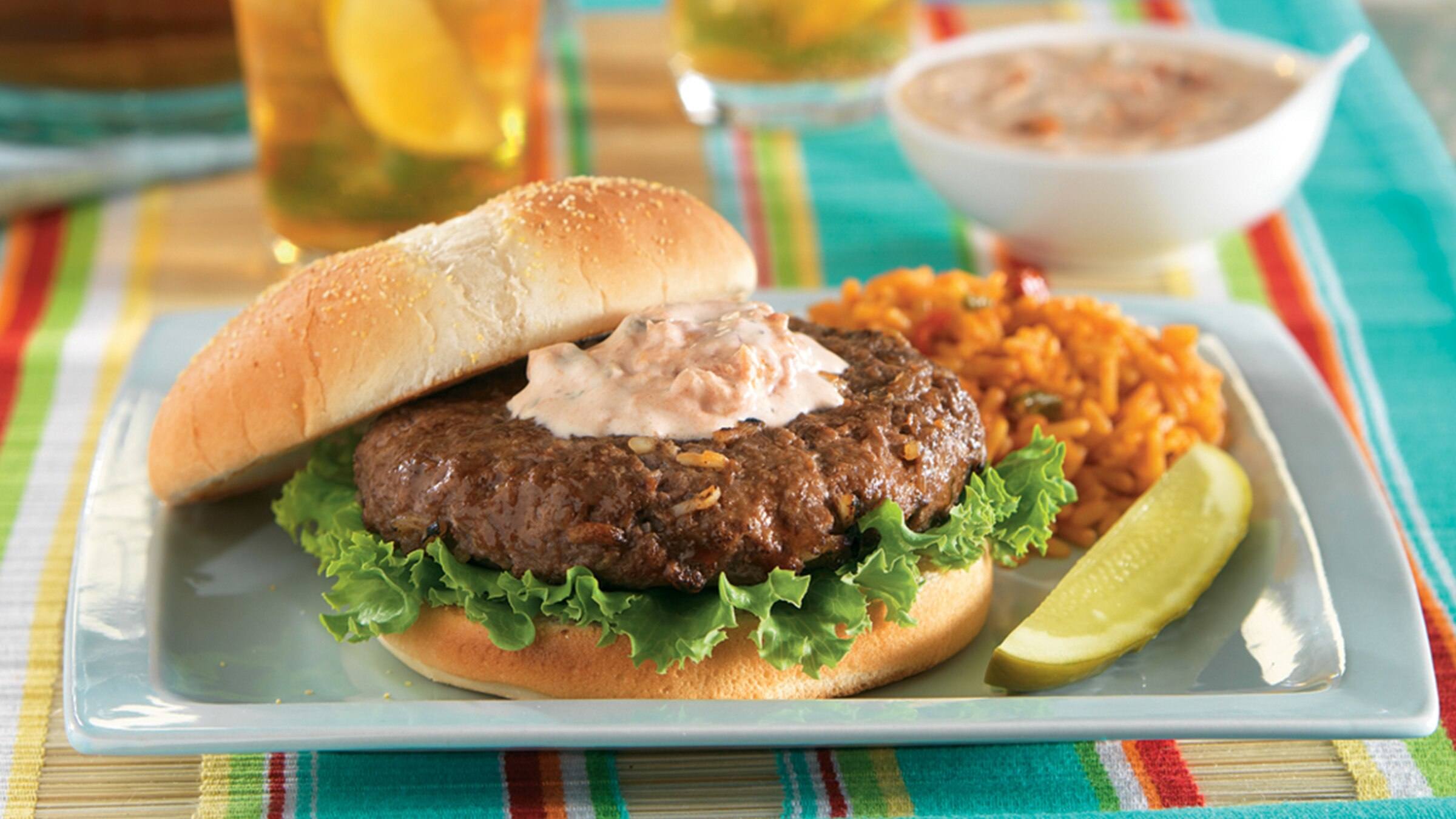 Lipton Onion Burgers with Creamy Salsa & Spanish Rice Lipton Kitchens