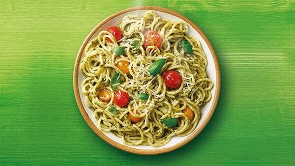 Pesto Spaghetti with Cherry Tomato Medley Pesto Spaghetti with Cherry Tomato Medley