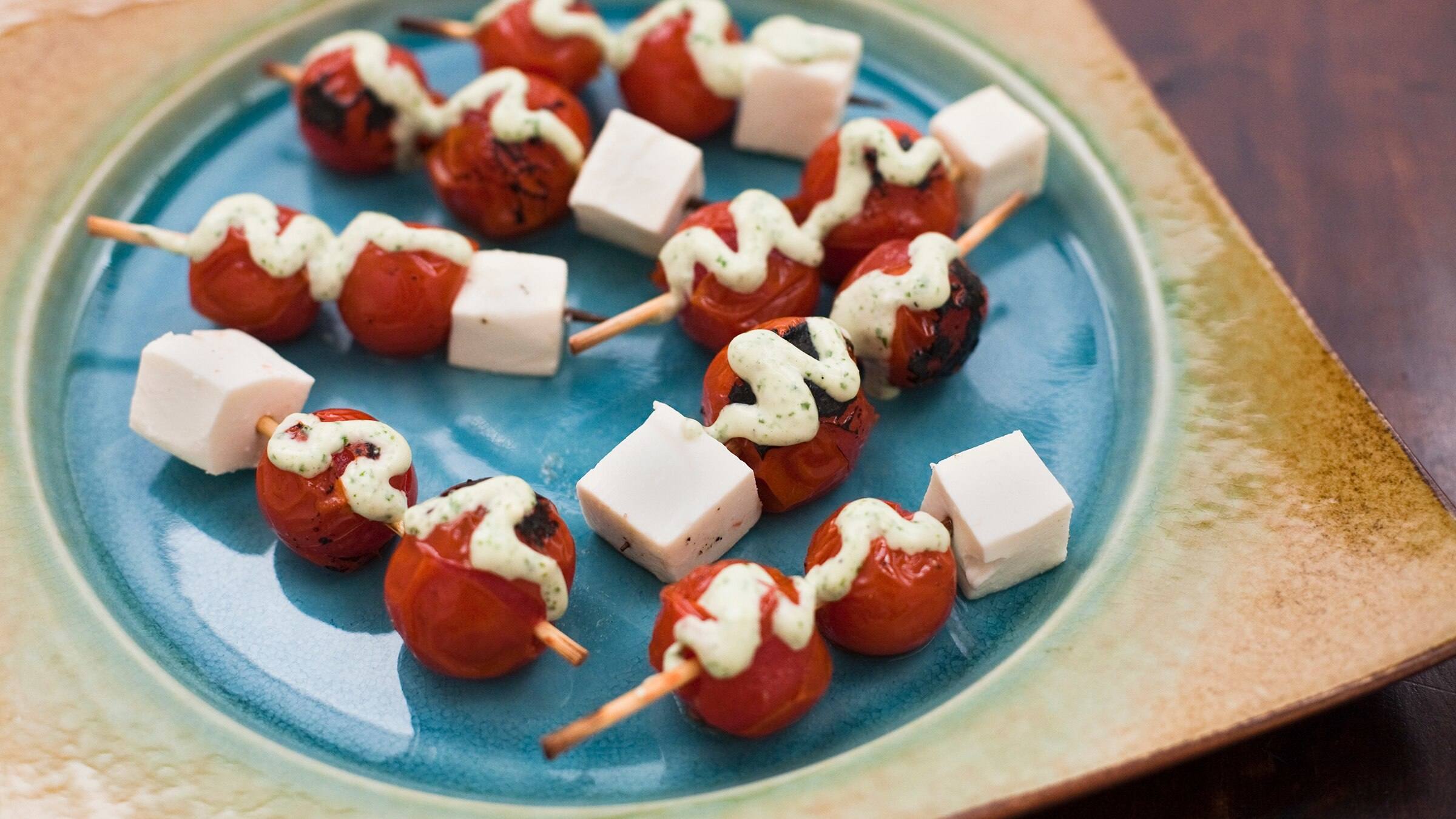 Broiled Cherry Tomato Skewers with Basil Dressing Broiled Cherry Tomato Skewers with Basil Dressing