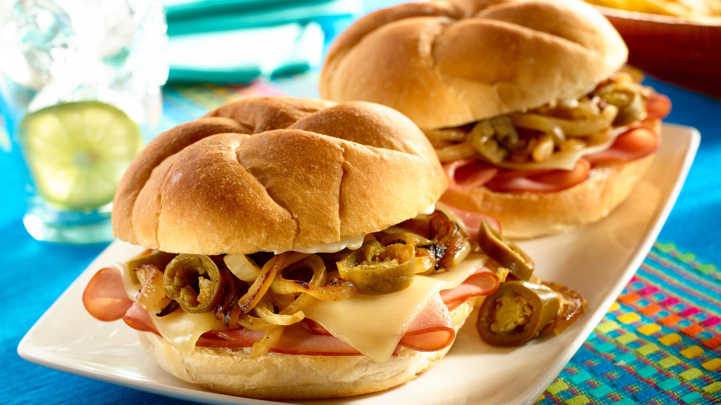 Ham & Cheese Tortas with Sweet Onions & Jalapenos