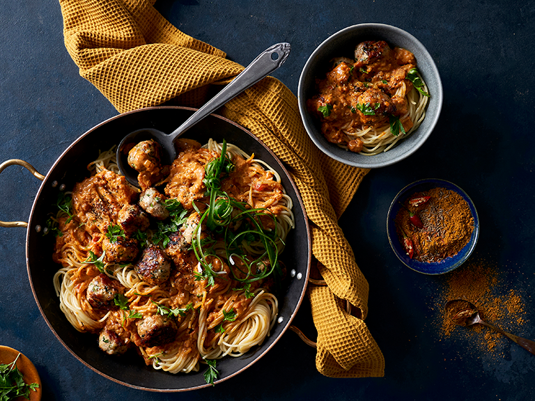 Spaghetti with Chicken Meatballs and Creamy Curry Sauce