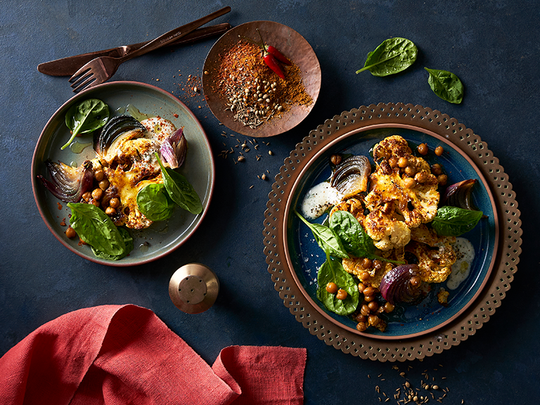 Curried Cauliflower Steaks, Chickpea and Baby Spinach Salad Curried Cauliflower Steaks, Chickpea and Baby Spinach Salad
