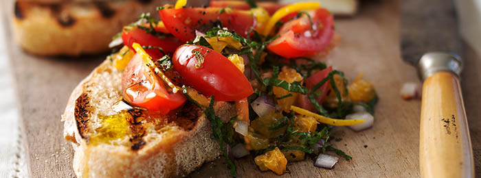 Bruschetta with Tomatoes, Orange & Mint